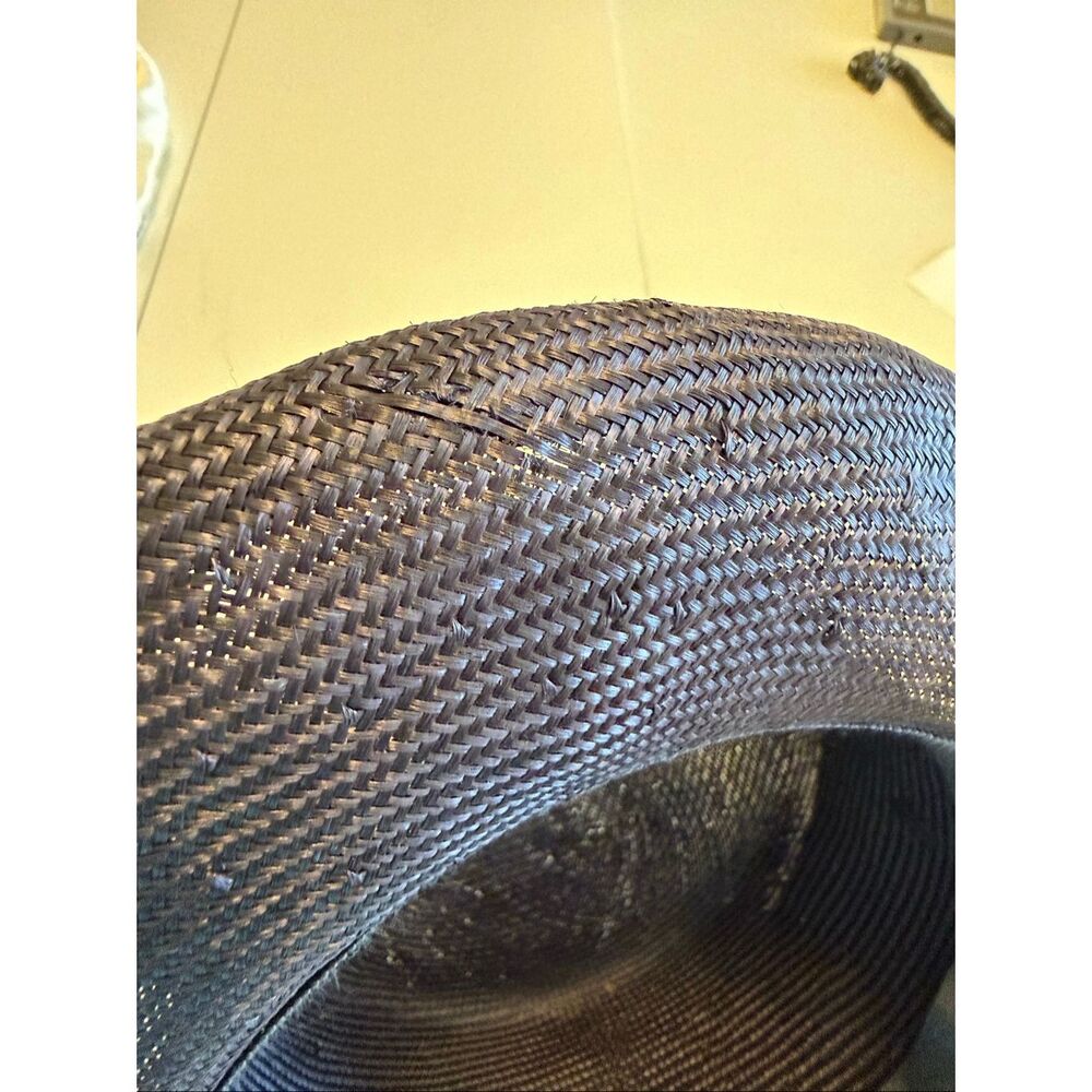 Vintage Eric Javits Boater Hat Navy Straw Grosgrain Ribbon Three Buttons Regal - Picture 5 of 9